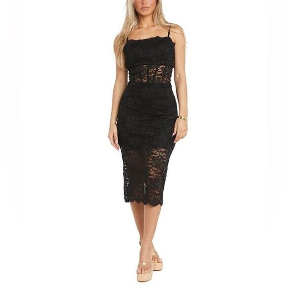 NWT Morgan & Co. | Black Stretch Lace Spaghetti Strap Corset Midi Dress 5 - Picture 1 of 12